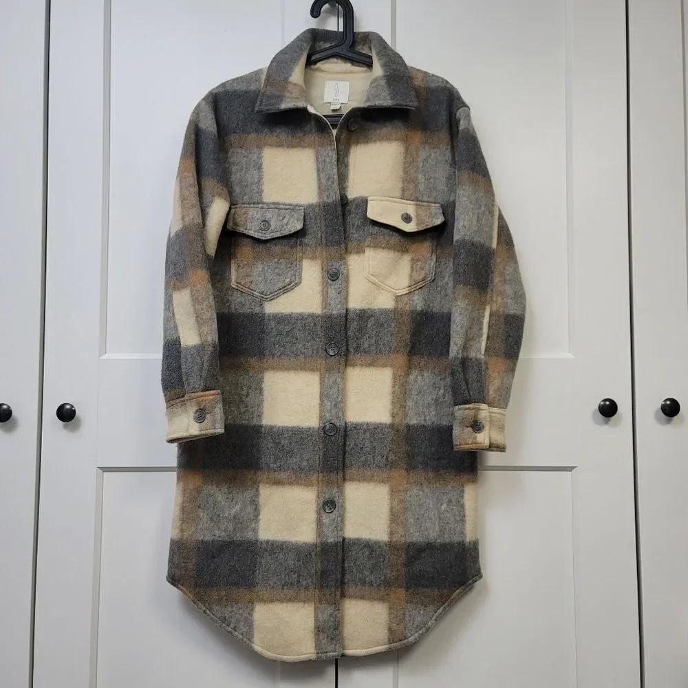 Joie Gray and Cream Plaid Oversized Jacket, XS